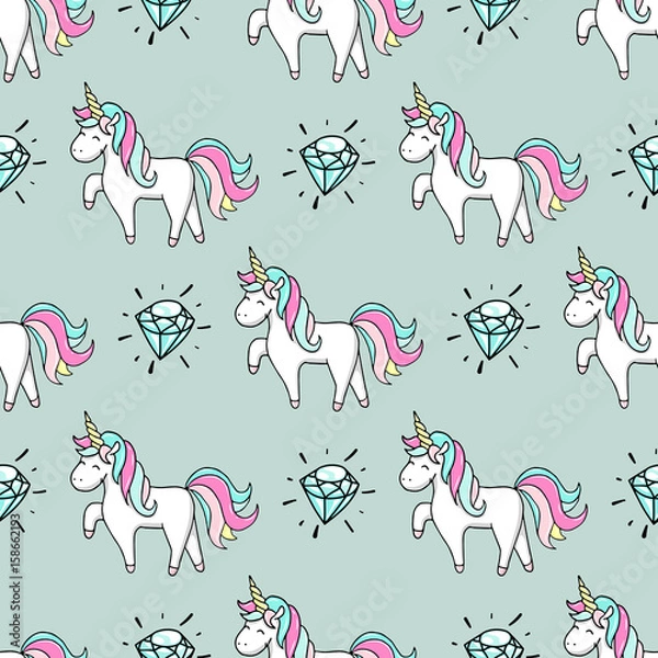 Obraz Seamless pattern with hand drawn unicorn and diamond