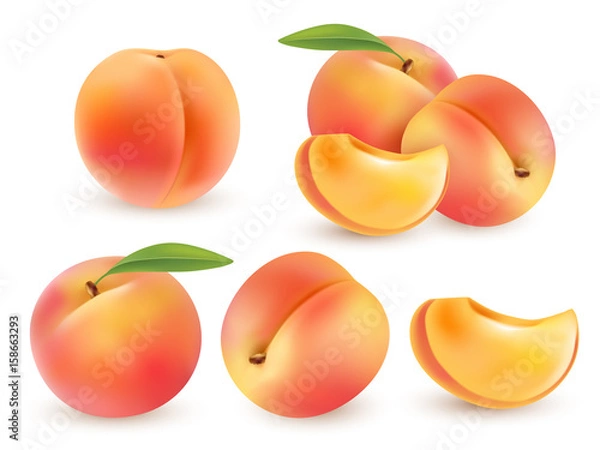 Fototapeta Peach. Sweet fruit. 3d vector set. Realistic illustration isolated