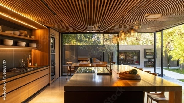 Obraz Modern kitchen with open patio view
