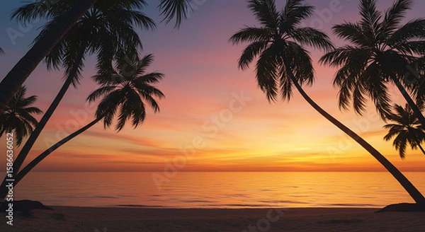 Obraz Beautiful sunset beach. Palm trees on sandy beach the sea