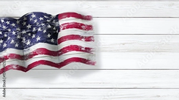 Obraz Memorial day theme with vintage flag on white wooden background. labor day banners. Ultra realistic. Photorealistic