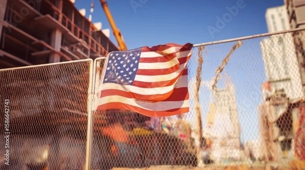 Obraz The american flag hangs on a construction site fence for labor day. labor day banners. Ultra realistic. Photorealistic