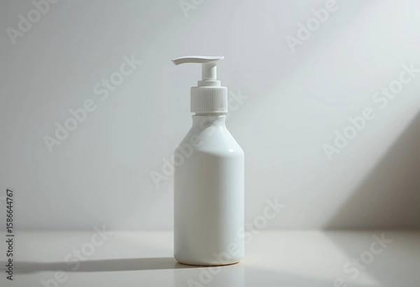 Fototapeta A white plastic pump bottle on a white surface with soft lighting