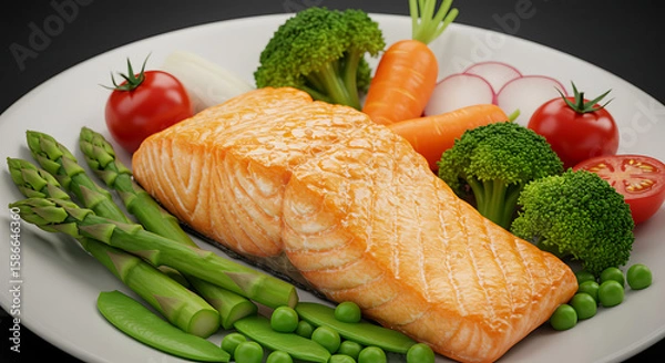 Obraz Delicious grilled salmon with vegetables on plate.