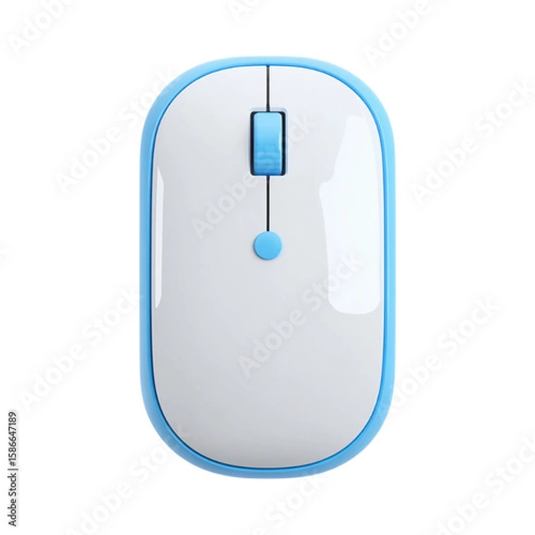 Fototapeta 3D icon of a white blue computer mouse isolated on a transparent background, 3d rendering of wireless computer mouse, 3D icon sticker or clipart