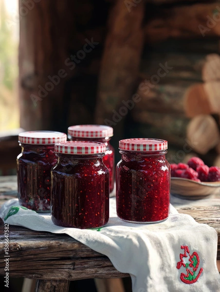 Obraz Four jars of raspberry jam on rustic wooden table