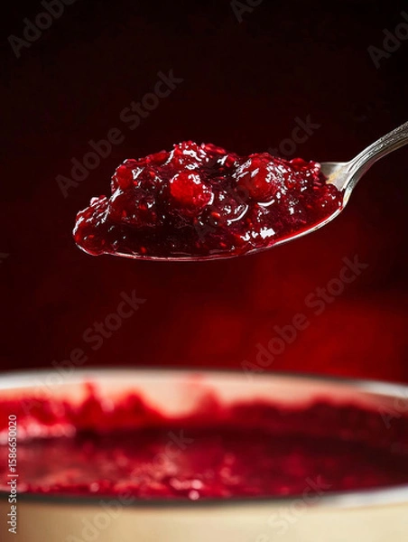 Obraz A photorealistic close-up of thick raspberry jam resting on a silver spoon held above a cream-colored enamel pot.