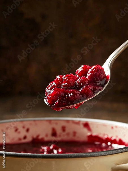 Obraz Raspberry jam on spoon above enamel pot in rustic kitchen