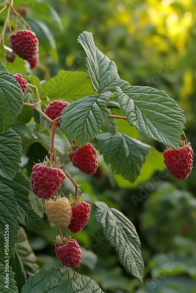 Obraz Raspberry bush with ripe and unripe berries on green background