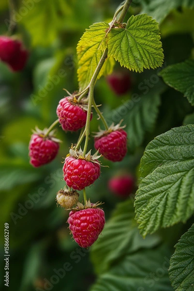 Obraz Ripe raspberries on bush with green leaves, close-up in natural daylight