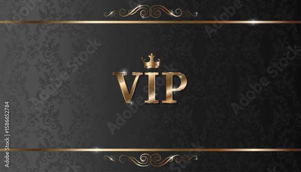 Fototapeta Gold VIP card label on chic black background with golden crown. Abstract design of members. Vector illustration