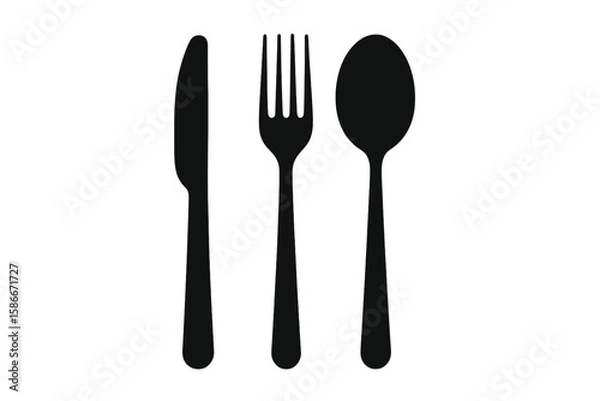 Fototapeta Black silhouette cutlery set vector. Knife, fork, spoon icons isolated on white background. Simple kitchen utensils flat illustration. Restaurant, cafe menu food service design concept