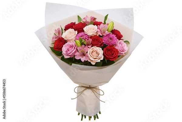 Fototapeta A classic bouquet of fresh red and pink tulips wrapped in white paper. This beautiful floral arrangement is wrapped in natural kraft paper and tied with twine.