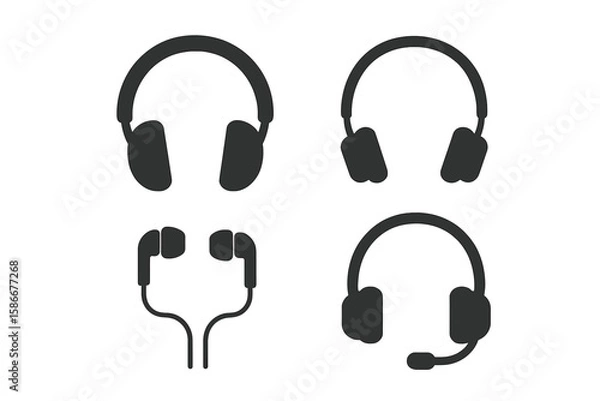 Fototapeta Headphone icon set vector. Earphones, headset with microphone, and earbuds silhouette symbols. Audio, music, and sound glyph collection for web, app, and UI design.