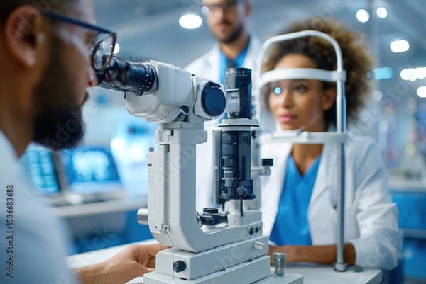 Fototapeta Diagnostic machine scans patient for eye examination in a modern clinic setting