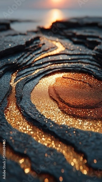 Fototapeta Abstract glowing golden texture resembling a river of light on layered dark terrain, with a dreamy sunset in the background