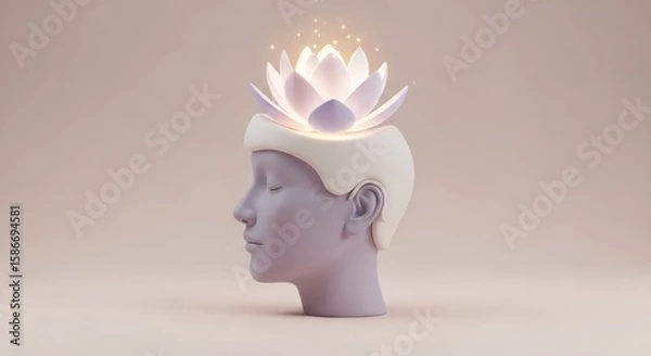 Fototapeta 3 D render of a purple head with eyes closed and a glowing lotus flower on top plastic 3d background