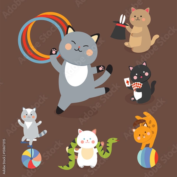 Obraz Circus cats vector cheerful illustration for kids with little domestic cartoon animals playing mammal