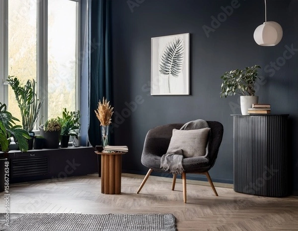 Fototapeta modern scandinavian dark home interior background wall mock up