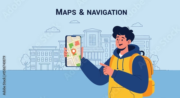 Fototapeta Cartoon Character Exploring City Landmarks With Digital Map On Phone Illustration
