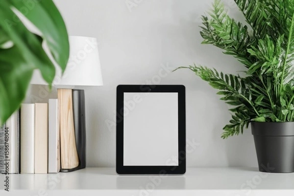 Fototapeta  Tablet mockup on bookshelf with books and plants, ideal for e-book promotions in modern home settings
