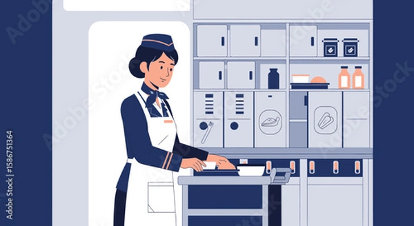 Fototapeta Cheerful Flight Attendant Preparing Inflight Meal Service For Passengers In Airplane