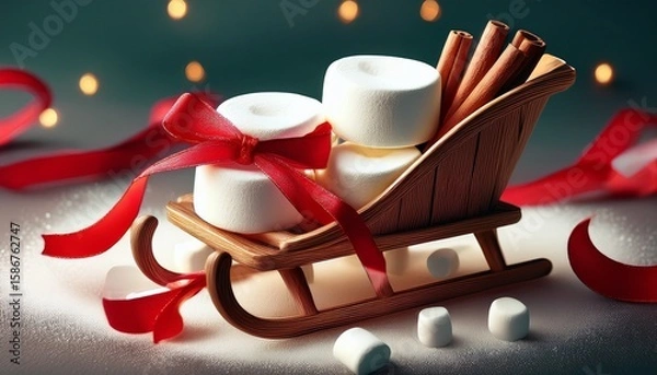 Fototapeta fun marshmallow and cinnamon stick sledge with red ribbons