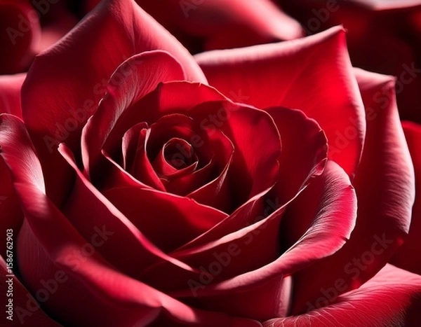 Fototapeta close up view of rich red rose petals illuminated softly showcasing intricate textures and delicate shadows