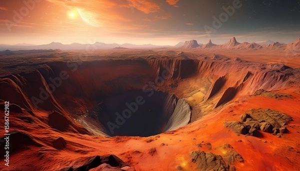 Fototapeta barren planet reveals a meteorite impact site with deep crater and rocky layers exposed in stark landscape