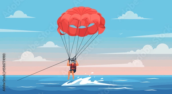 Fototapeta Man Enjoying Parasailing Adventure Above the Sparkling Ocean During a Sunny Day