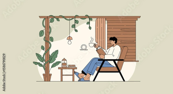 Fototapeta Leisurely Morning Reading With Coffee Surrounded By Plants And Tranquility