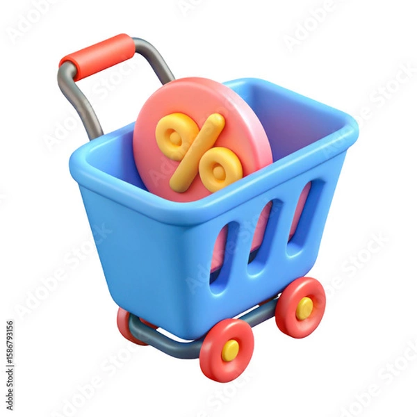 Obraz 3d shopping cart with percentage symbol isolated on transparent background