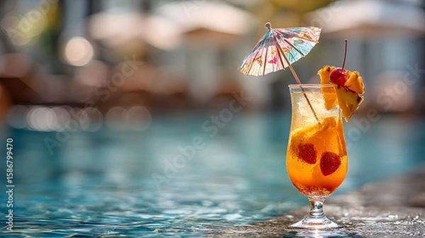 Obraz A cocktail glass with tropical fruit and umbrella
