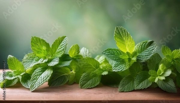 Obraz fresh mint leaves artfully arranged on a smooth wooden platform showcasing natural textures and soft green hues against a muted background