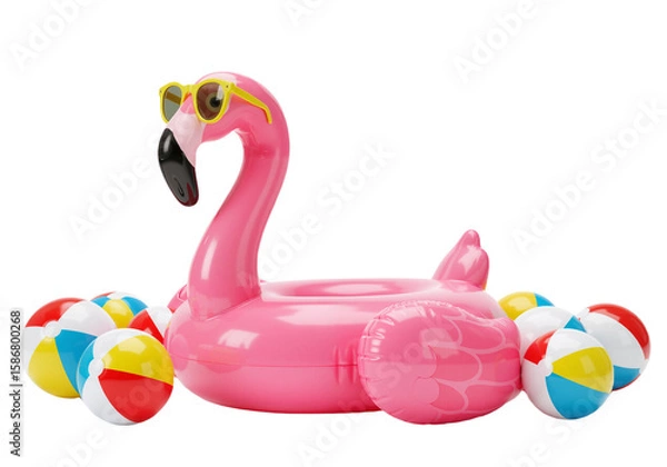 Fototapeta Playful Giant Flamingo Inflatable with Sunglasses and Beach Balls – Ideal for Poolside Parties and Vacation Vibes, isolated on a transparent background PNG,