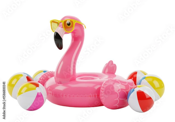 Fototapeta Playful Giant Flamingo Inflatable with Sunglasses and Beach Balls – Ideal for Poolside Parties and Vacation Vibes, isolated on a transparent background PNG,