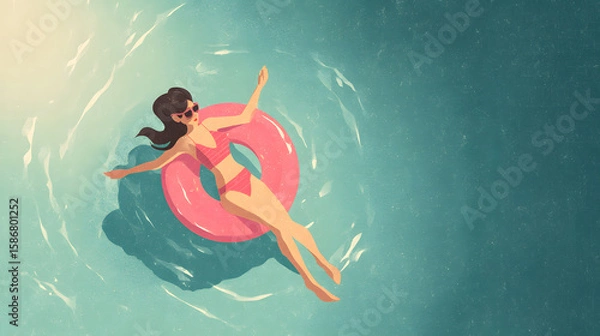 Obraz A flat illustration of a woman in a swimsuit floating on a pool float