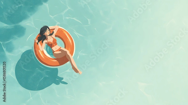 Obraz A flat illustration of a woman in a swimsuit floating on a pool float