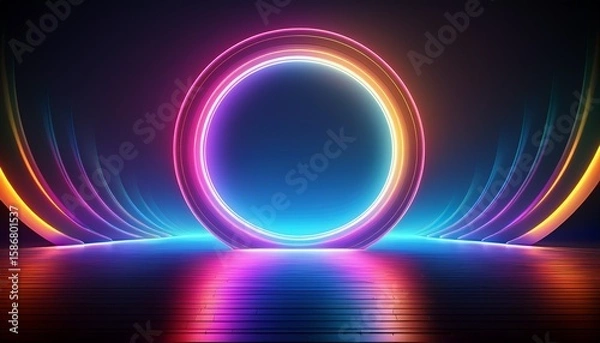 Obraz vibrant neon circle portal glowing with gradient colors against misty dark background creating ethereal geometric light installation on reflective surface