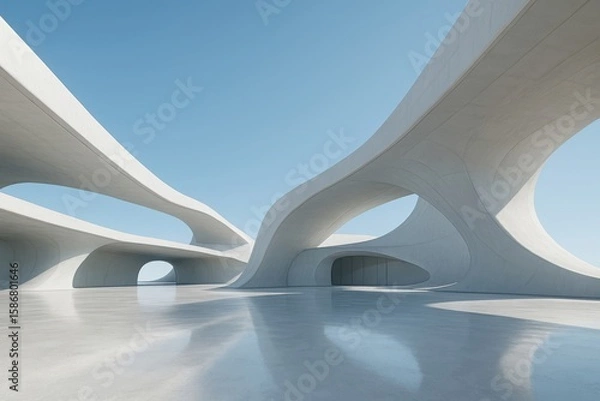 Fototapeta Expansive futuristic white architecture with smooth curves and open arches under a clear blue sky