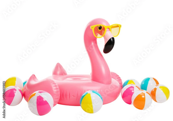 Fototapeta Playful Giant Flamingo Inflatable with Sunglasses and Beach Balls – Ideal for Poolside Parties and Vacation Vibes, isolated on a transparent background PNG,