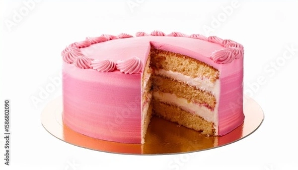 Obraz a pink frosted cake with a slice cut out showing the layers isolated on white background