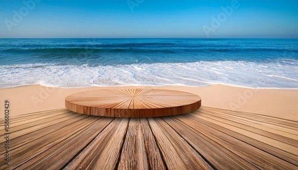 Obraz wooden circular deck on sandy beach with ocean waves and clear sky in backdrop product display background with copy space