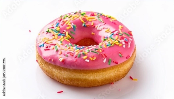 Obraz a donut with pink frosting and colorful sprinkles on isolated on white background