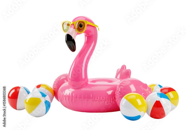 Fototapeta Playful Giant Flamingo Inflatable with Sunglasses and Beach Balls – Ideal for Poolside Parties and Vacation Vibes, isolated on a transparent background PNG,