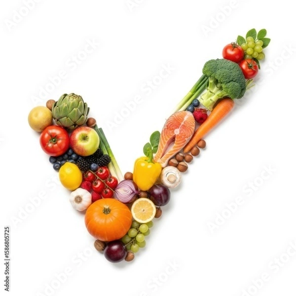 Obraz Checkmark symbol formed by fresh healthy food assortment tick mark approved