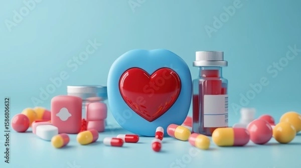 Obraz Assorted pills, capsules, and medicine bottles arranged with a heart symbol on a light blue background.