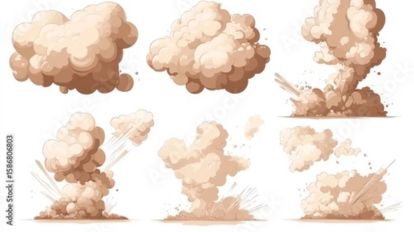 Obraz A collection of stylized dust cloud and explosion illustrations, perfect for animation or game design.