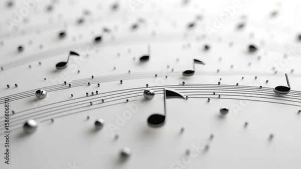 Obraz Musical notes and spheres float on a white background, creating a dynamic, abstract composition.