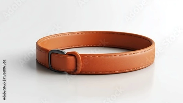 Obraz Close-up of a brown leather bracelet with a metal buckle, lying on a white surface.